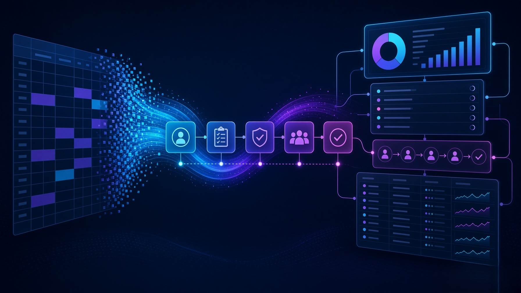 Abstract business systems illustration showing a spreadsheet evolving into a structured workflow and dashboard in a dark modern digital style.