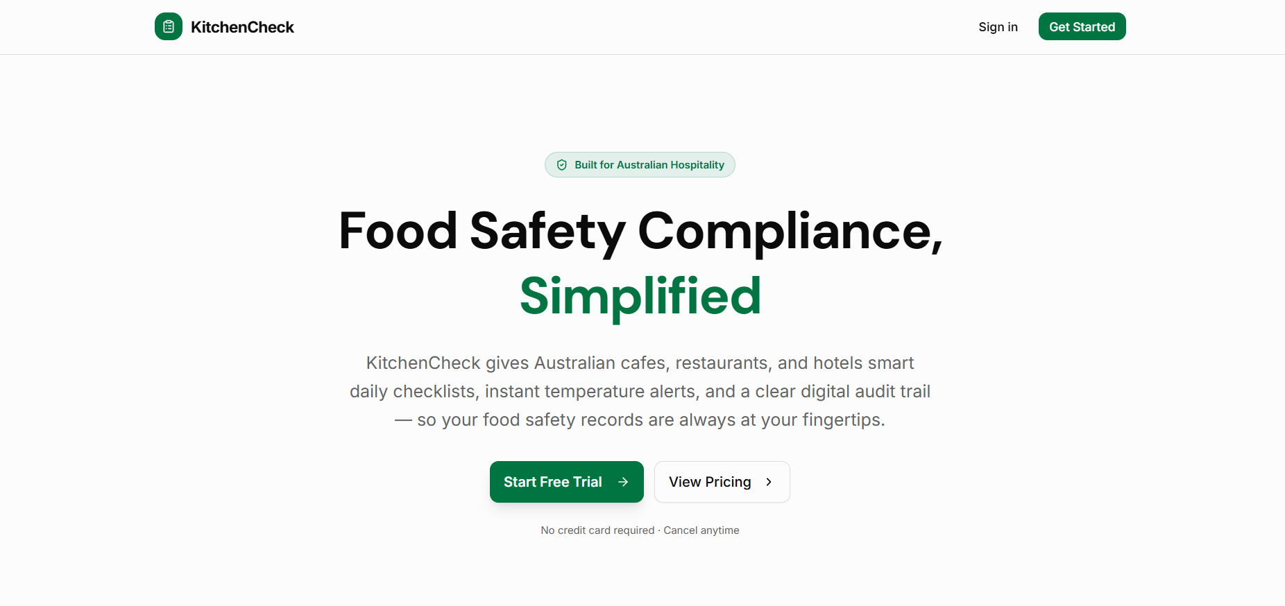 KitchenCheck homepage showing food safety compliance simplified for Australian hospitality