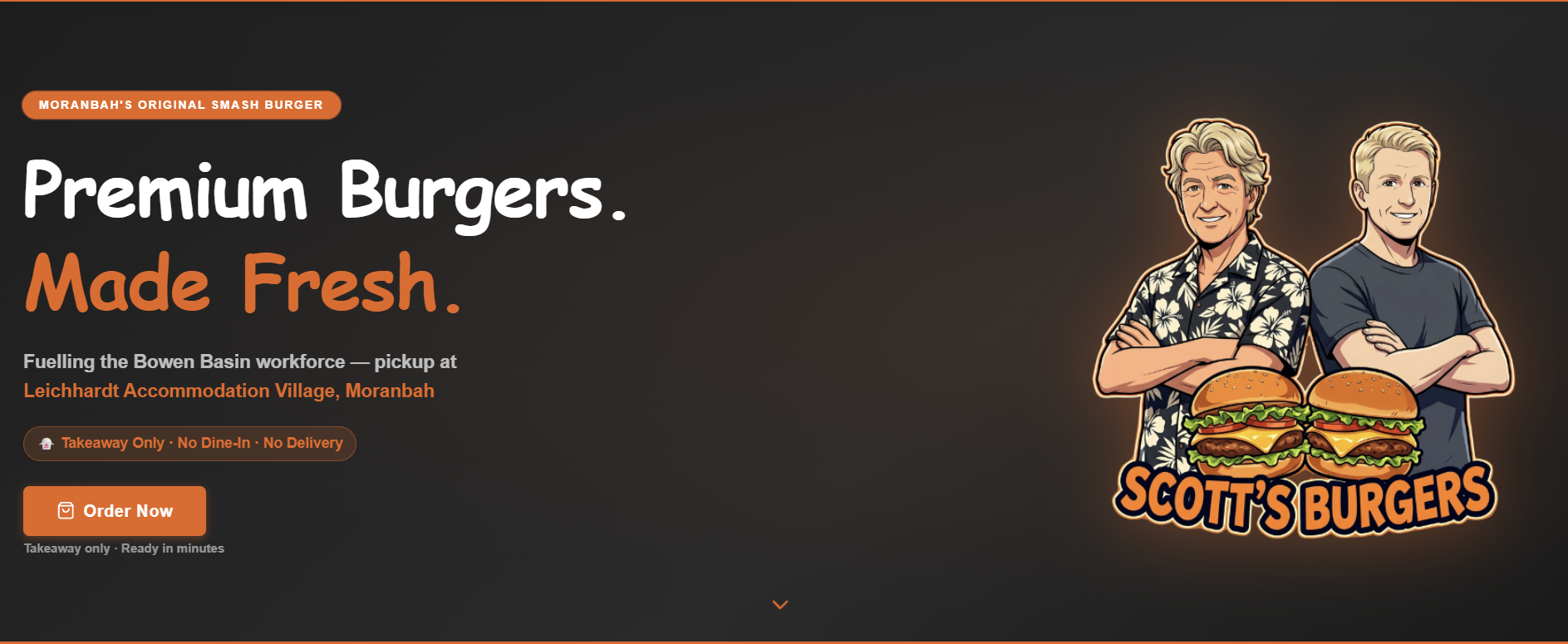 Scott’s Burgers homepage showing premium burgers made fresh and online ordering
